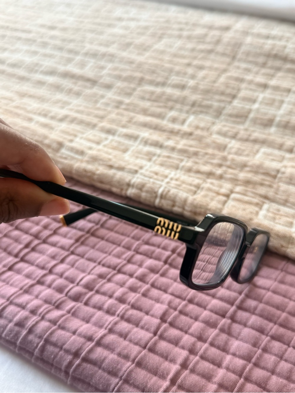 Miu Miu Black Rectangular Women's Eyeglass Frames with Gold Accents